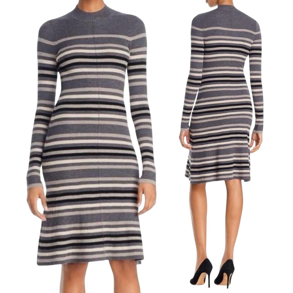 Theory Wool Blend Striped Knit Sweater Dress Knee Length Long Sleeve Gray Medium